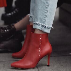 Zara Red Leather Studded Heeled Boots | Pointed Toe 90s Downtown Street Style